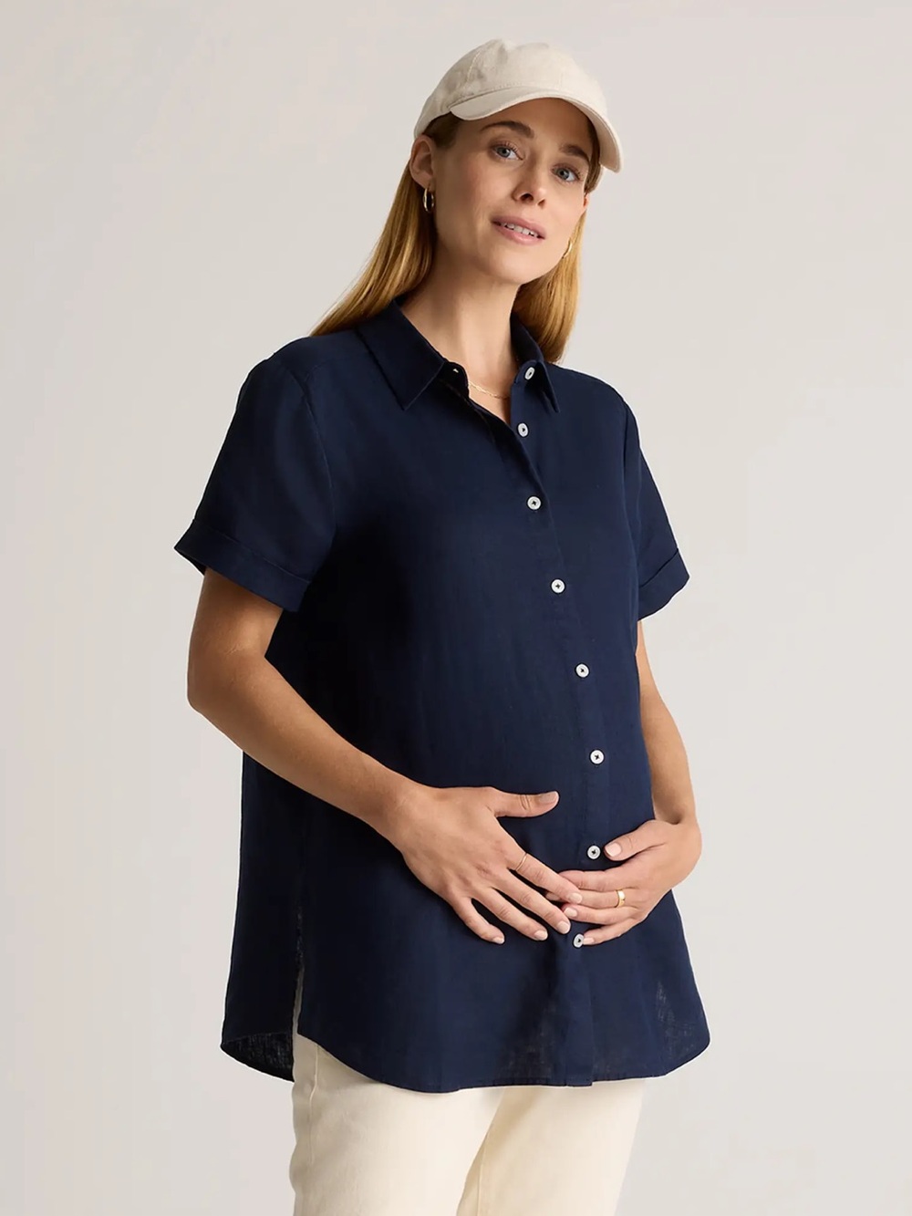 Quince European Linen Blue Maternity Short-Sleeve Button-Front Shirt Size S NWT